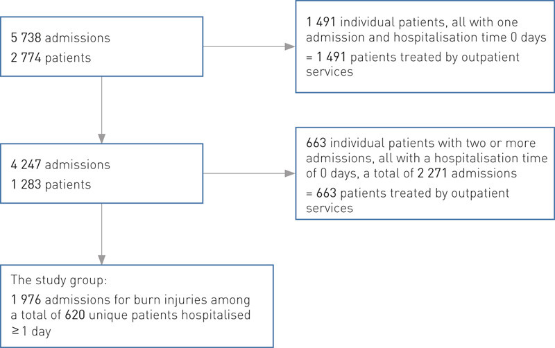 Figure 1  Selection of the study group: admissions to hospitals for burn injuries in 2012 (from the Norwegian Patient&hellip;