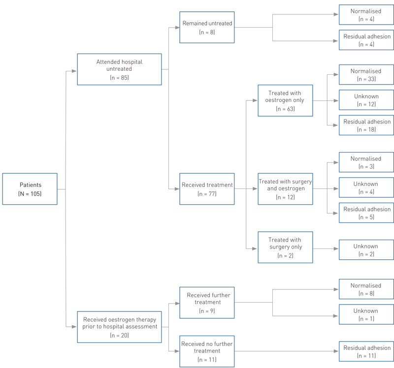Figure 2  Flowchart shows the patients who were included in the study (n = 105). It included 20 girls who had received&hellip;
