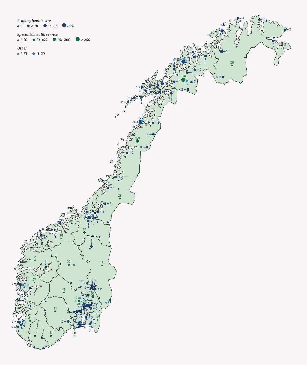 Figure 2 Distribution (as of 2013) by county and field of work (primary health care, specialist health service and other) of&hellip;