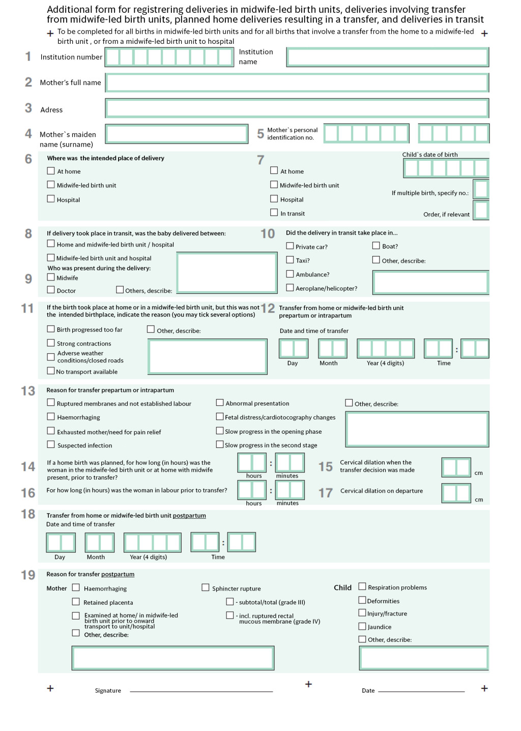 Figure 1 Supplementary form used throughout the project period