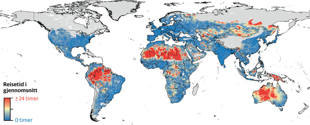 Gjennomsnittlig reisetid til n&aelig;rmeste storby i omr&aring;der med giftige slanger. De lysegr&aring; omr&aring;dene er uten farlige&hellip;