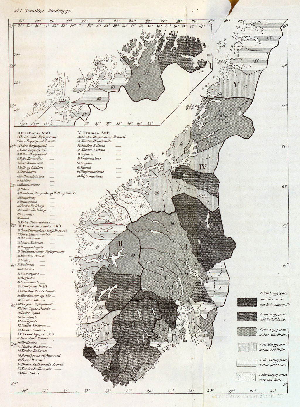Figur 1 Kart over forekomsten av sinnssyke i Norge. Jo m&oslash;rkere farge, jo h&oslash;yere antall. Illustrasjon fra Bidrag til&hellip;