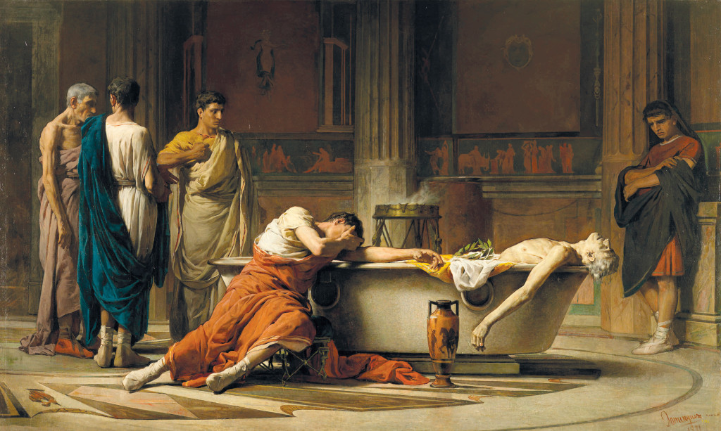&laquo;Senecas selvmord&raquo; av Manuel Dom&iacute;nguez S&aacute;nchez, malt i 1871. Bildet viser Seneca omgitt av sine venner etter &aring; ha tatt sitt&hellip;