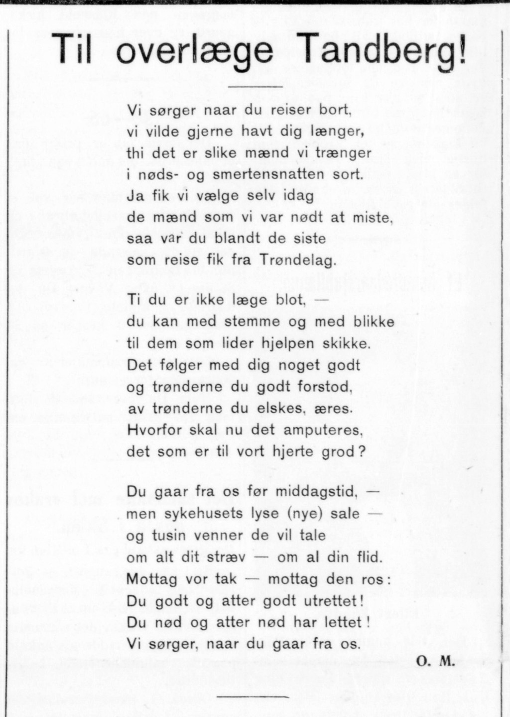Figur 4 Dikt publisert da Olaf Tandberg sluttet som overlege ved Innherred sykehus. Faksimile: Nordenfjeldsk Tidende 8.8&hellip;