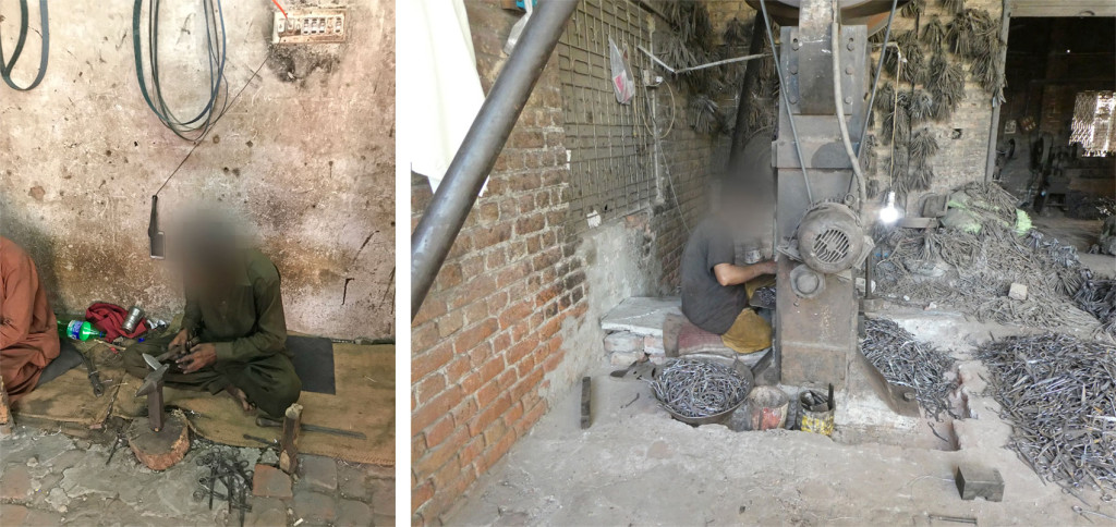 Figur 1 Bilder fra lavl&oslash;nnsfabrikk i Sialkot, Pakistan. Arbeidet foreg&aring;r uten bruk av verneutstyr. Fotograf: Pia Uhre Trulsen